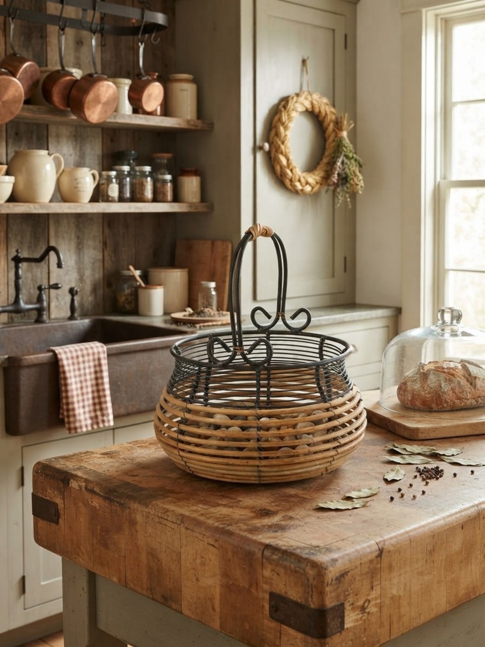 Woven Rattan and Metal Decorative Basket - Natural/Tan